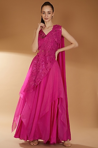 Hot Pink Organza & Taffeta Panelled Skirt Set by RICHA KHEMKA