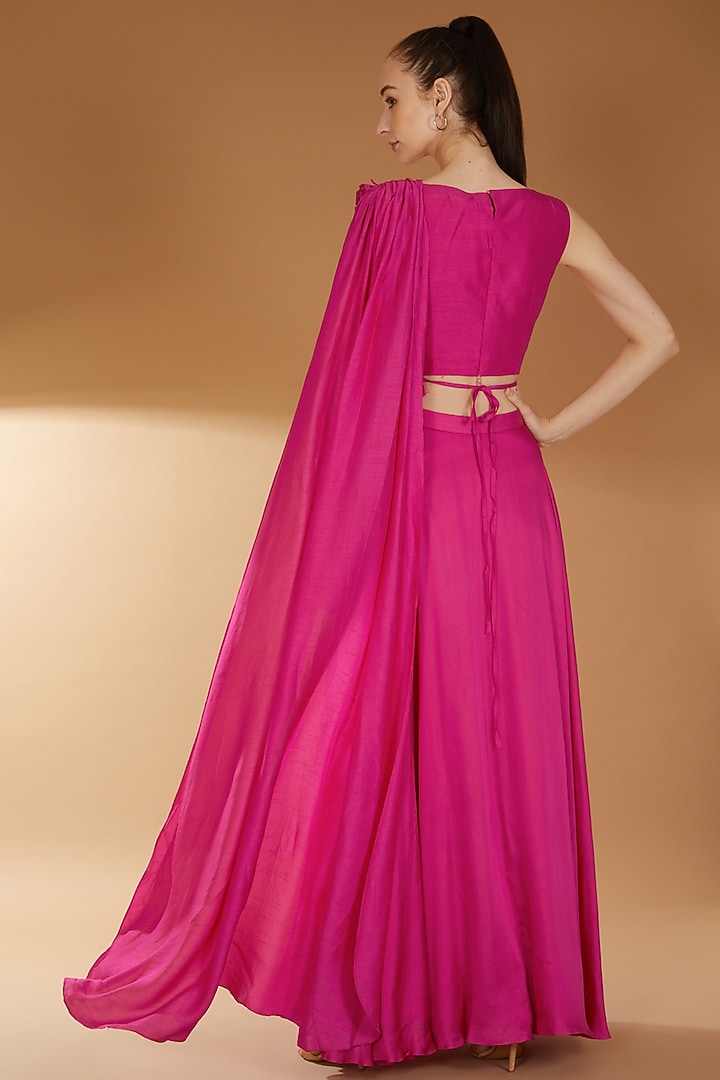 Hot Pink Organza & Taffeta Panelled Skirt Set by RICHA KHEMKA at Pernia's Pop Up Shop