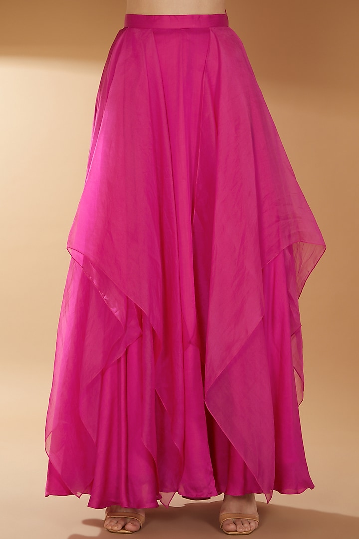 Hot Pink Organza & Taffeta Panelled Skirt Set by RICHA KHEMKA at Pernia's Pop Up Shop