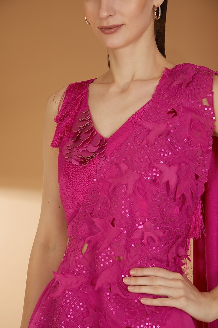 Hot Pink Organza & Taffeta Panelled Skirt Set by RICHA KHEMKA at Pernia's Pop Up Shop