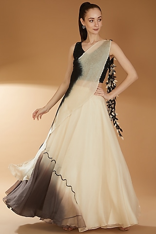 Black & Ivory Organza Embroidered Lehenga Set by RICHA KHEMKA