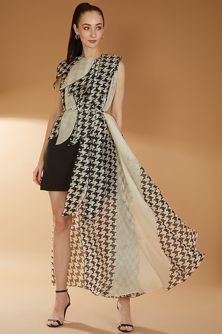 Black & White Organza & Scuba Embroidered Jacket Dress by RICHA KHEMKA
