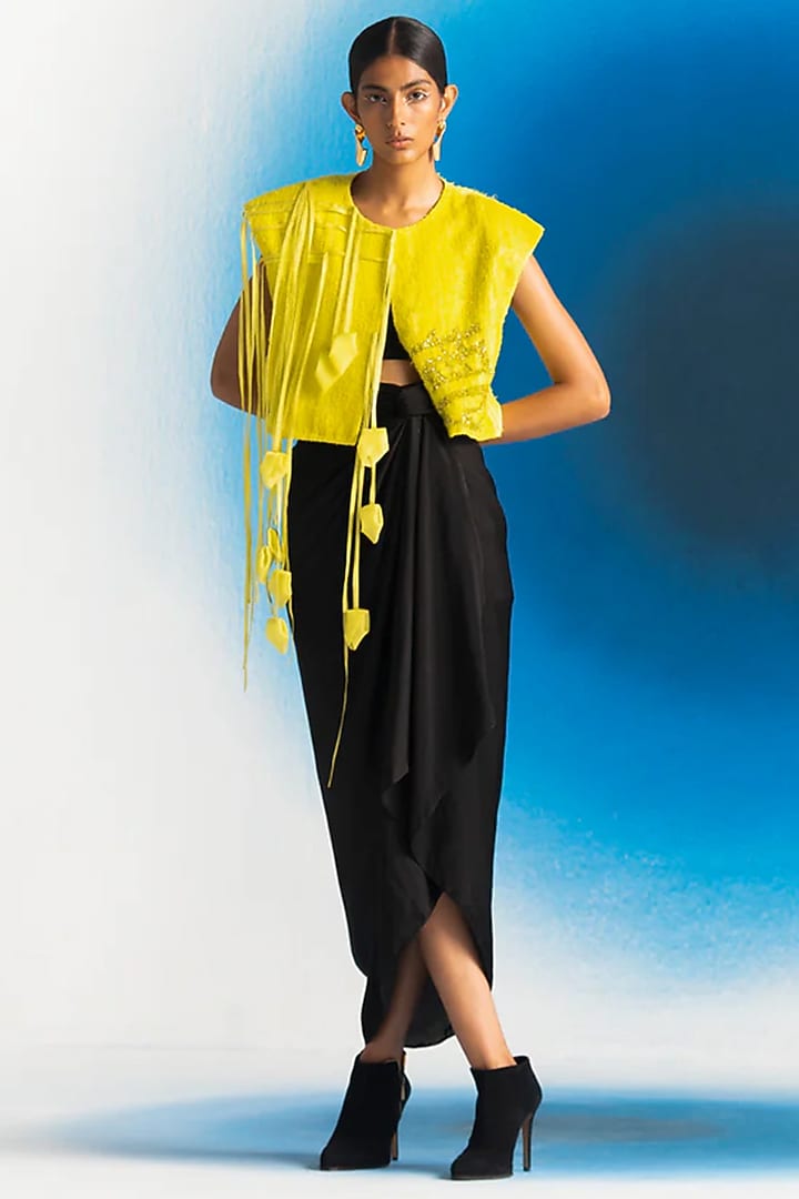 Black Modal Satin Draped Skirt Set by RICHA KHEMKA at Pernia's Pop Up Shop