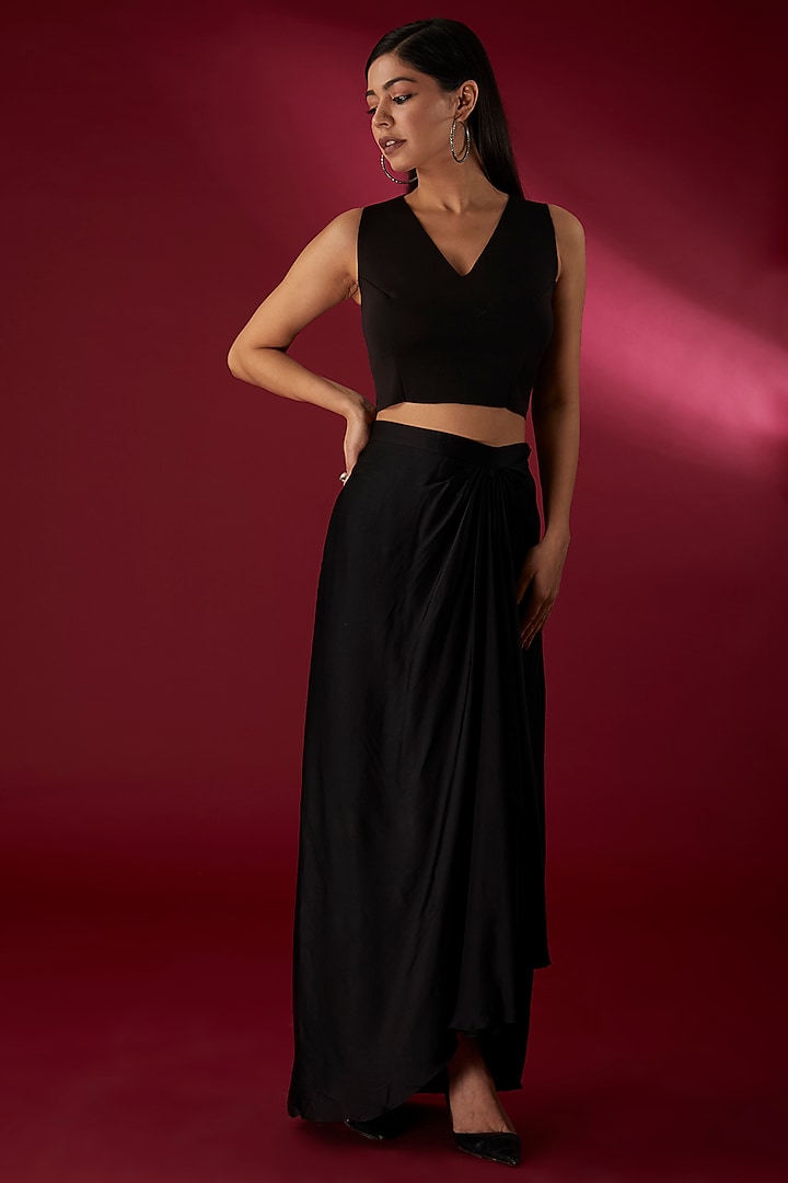 Black Modal Satin Draped Skirt Set by Richa Khemka at Pernia's Pop Up Shop