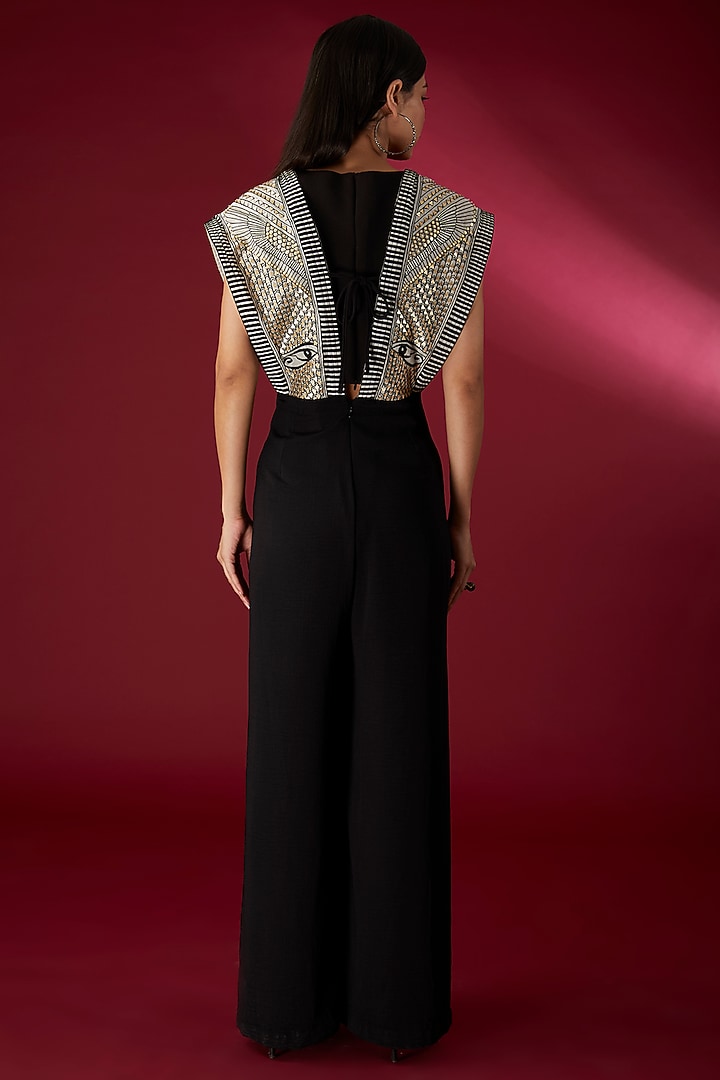 Black & Beige Georgette Hand Embroidered Jumpsuit by Richa Khemka at Pernia's Pop Up Shop