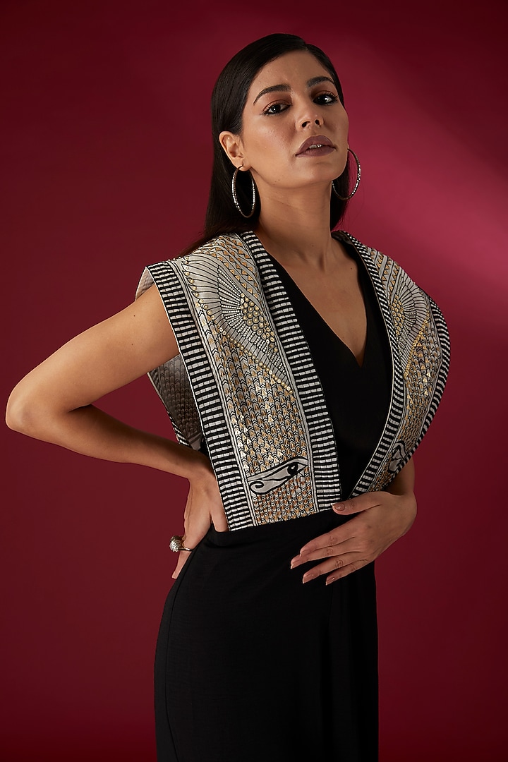 Black & Beige Georgette Hand Embroidered Jumpsuit by Richa Khemka at Pernia's Pop Up Shop