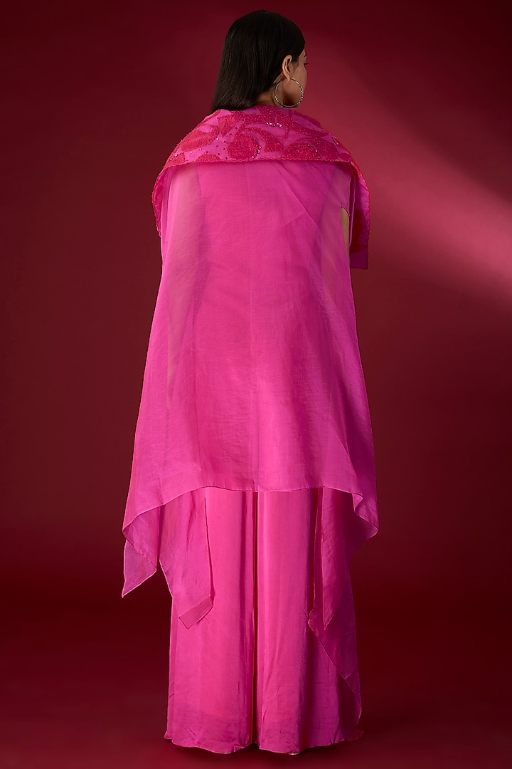 Fuchsia Modal Satin Jumpsuit With Organza Cape by Richa Khemka at Pernia's Pop Up Shop