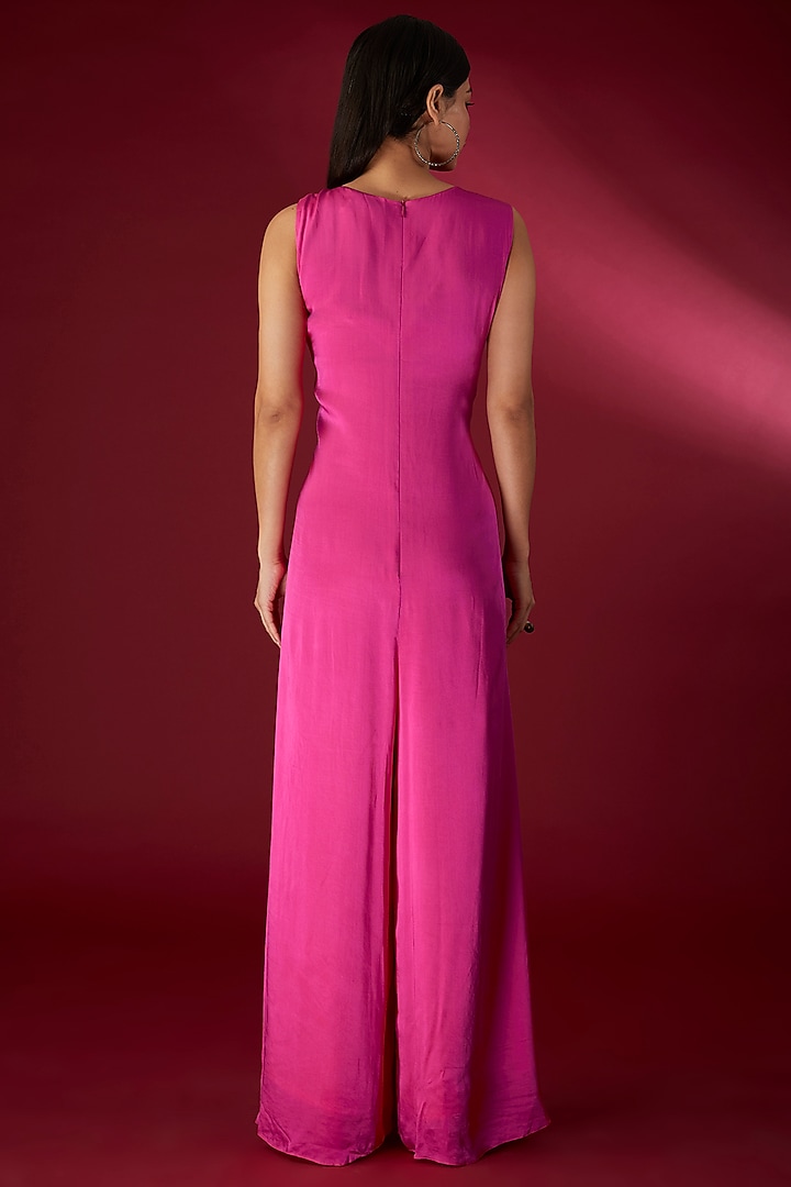 Fuchsia Modal Satin Jumpsuit With Organza Cape by Richa Khemka at Pernia's Pop Up Shop