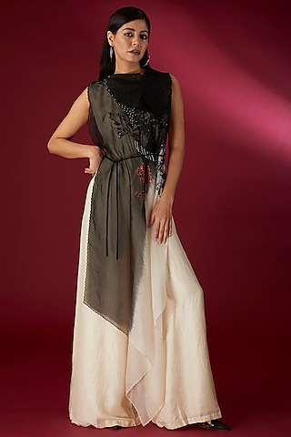 Beige & Black Silk Hand Embroidered Jumpsuit by Richa Khemka