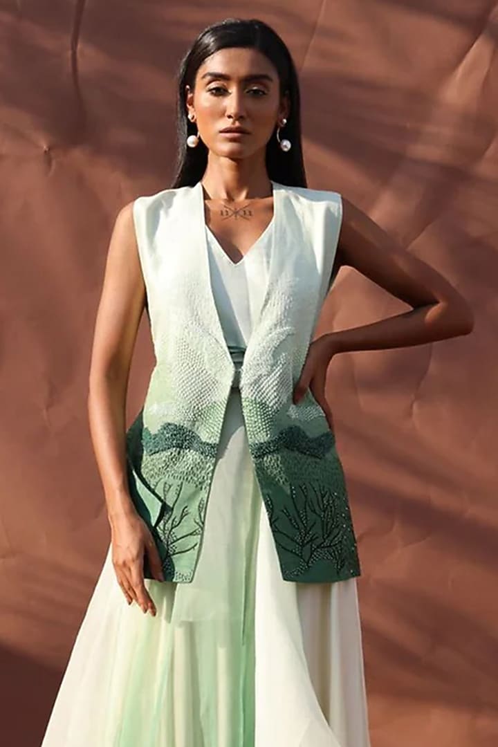 Mint Silk Embroidered Gilet Jacket Set by RICHA KHEMKA at Pernia's Pop Up Shop
