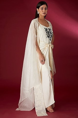 Beige Modal Satin Hand & Machine Embroidered Dress With Cape by Richa Khemka