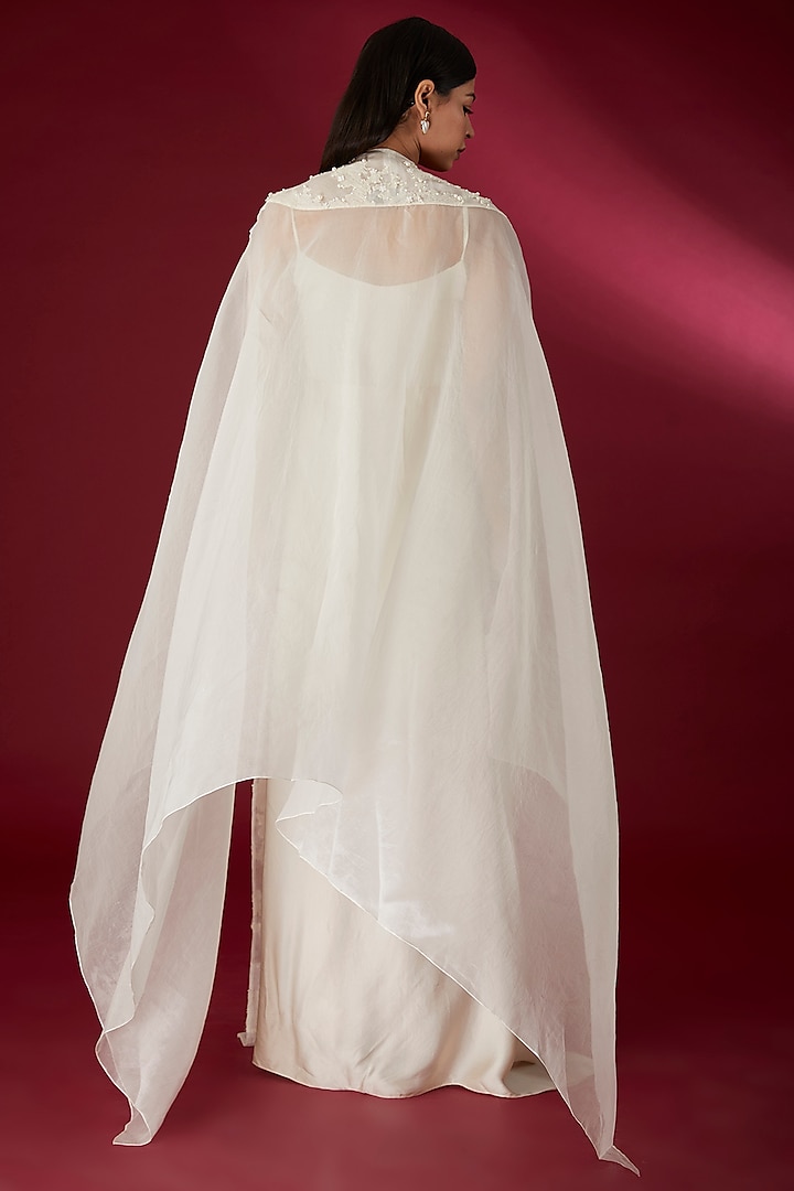 Beige Modal Satin Hand & Machine Embroidered Vacation Dress With Cape by Richa Khemka at Pernia's Pop Up Shop