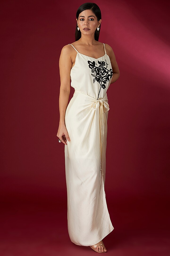Beige Modal Satin Hand & Machine Embroidered Vacation Dress With Cape by Richa Khemka at Pernia's Pop Up Shop