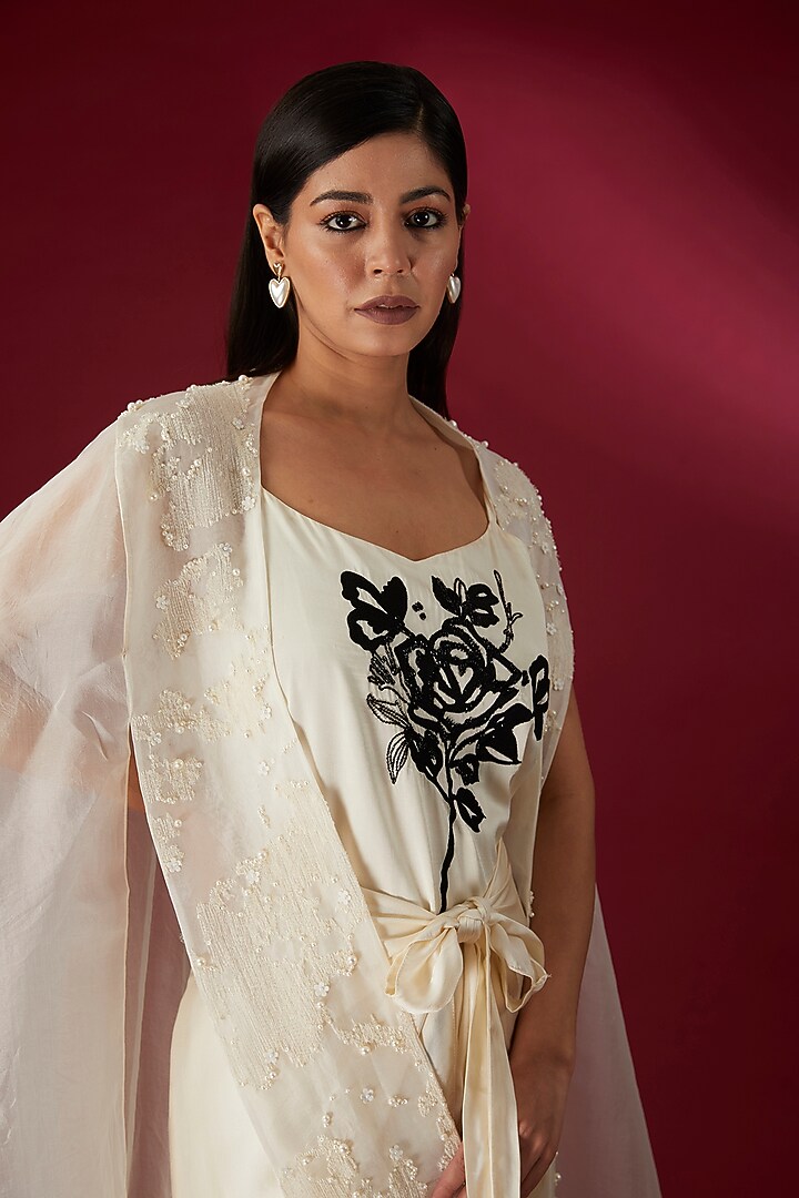 Beige Modal Satin Hand & Machine Embroidered Vacation Dress With Cape by Richa Khemka at Pernia's Pop Up Shop