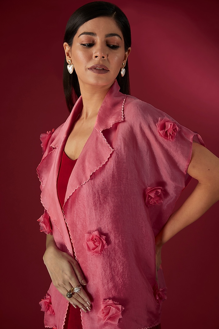 Red Modal Satin & Organza Slip Vacation Dress With Kaftan by Richa Khemka at Pernia's Pop Up Shop