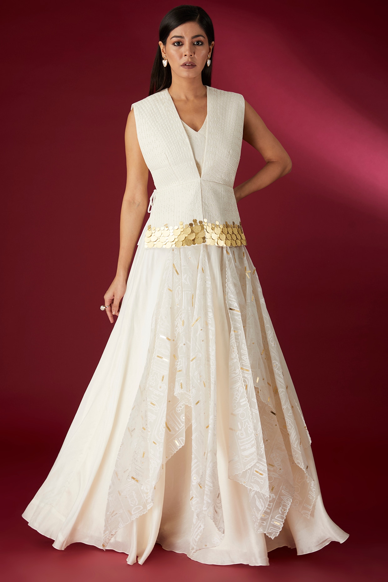 Richa Khemka Beige Silk & Organza Printed Lehenga Set