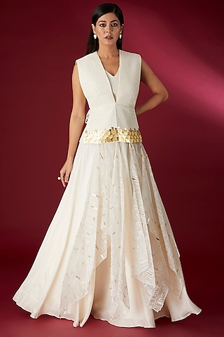 Beige Silk & Organza Printed Lehenga Set by Richa Khemka