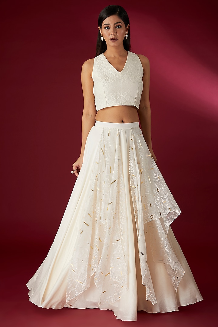 Beige Silk & Organza Printed Wedding Lehenga Set by Richa Khemka at Pernia's Pop Up Shop
