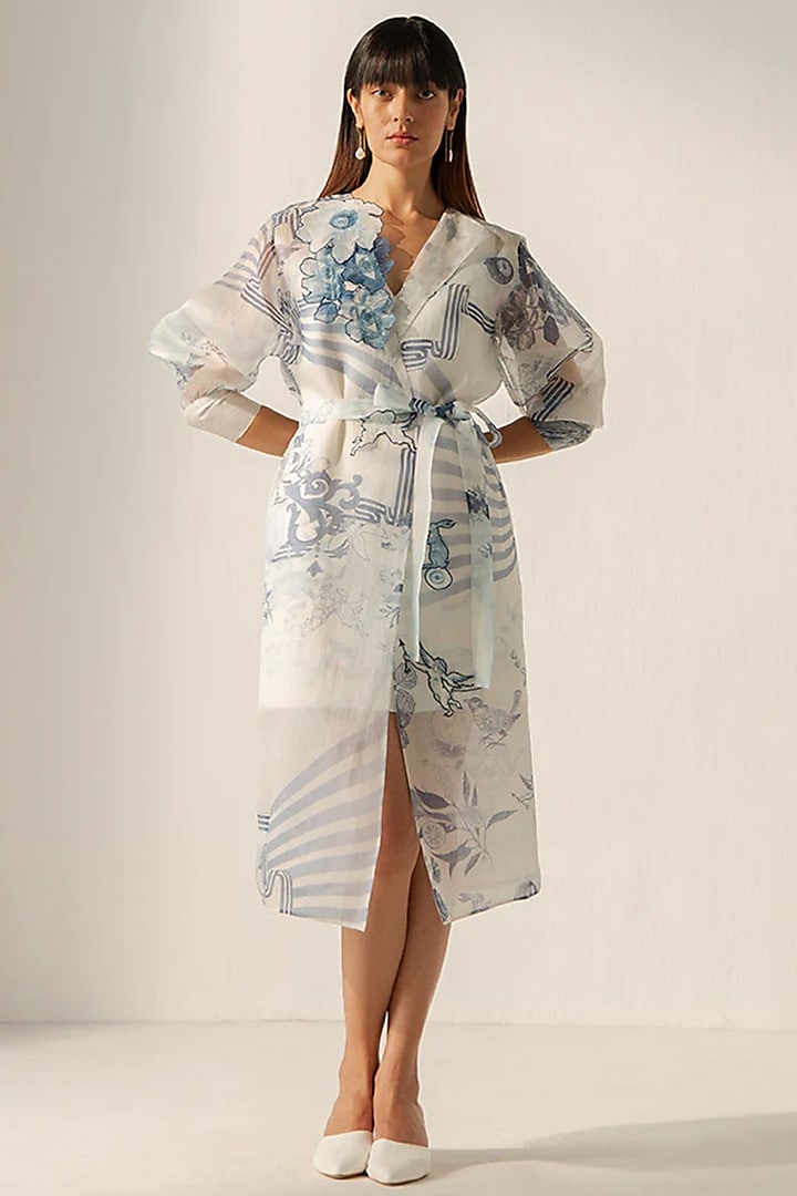 White Scuba Printed Trench Jacket Vacation Dress by RICHA KHEMKA at Pernia's Pop Up Shop