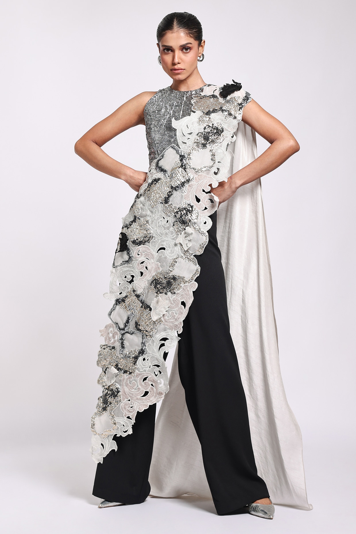 Richa Khemka Silver & Black Georgette Tulle Co-Ord Set