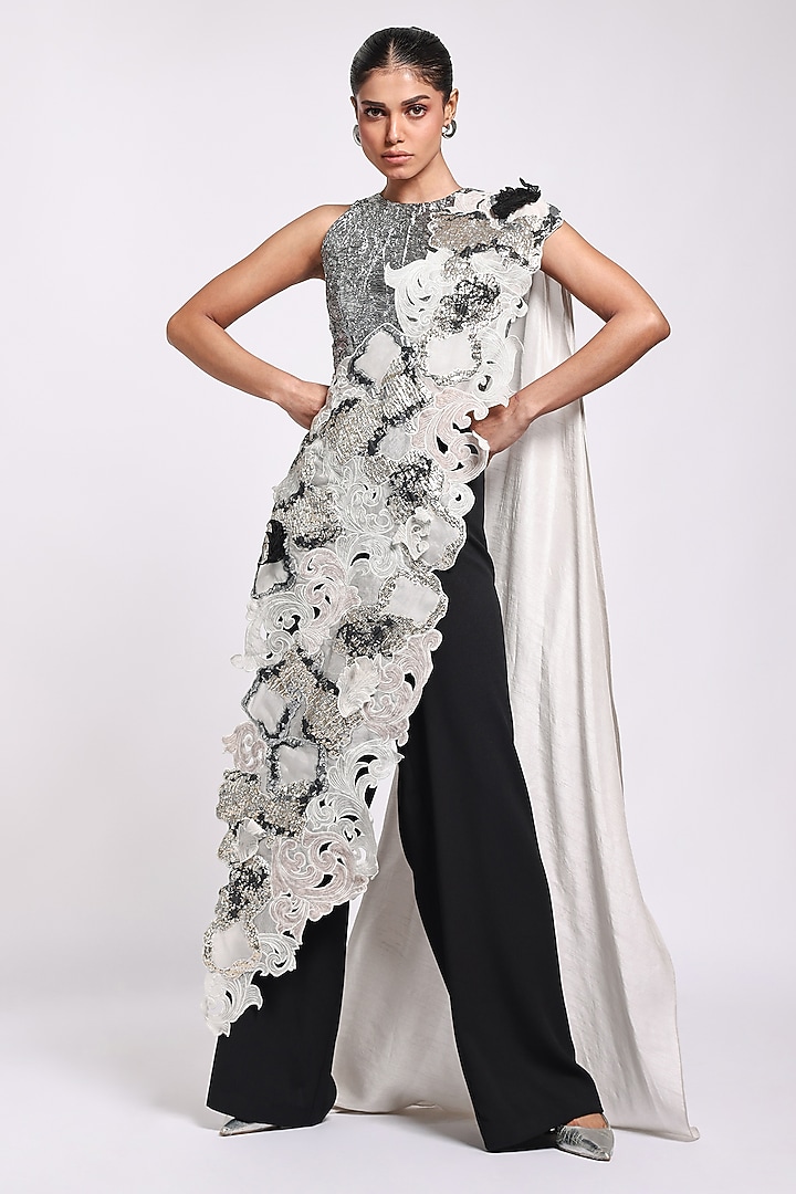 Silver & Black Georgette Tulle Co-Ord Set by Richa Khemka at Pernia's Pop Up Shop
