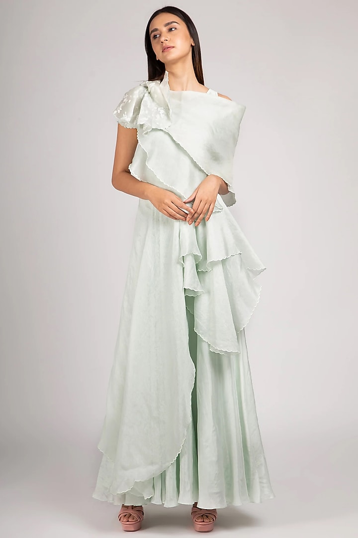 Light Green Modal Satin & Organza Ruffled Party Wear Gown by RICHA KHEMKA at Pernia's Pop Up Shop