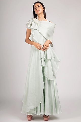 Light Green Modal Satin & Organza Ruffled Gown by RICHA KHEMKA