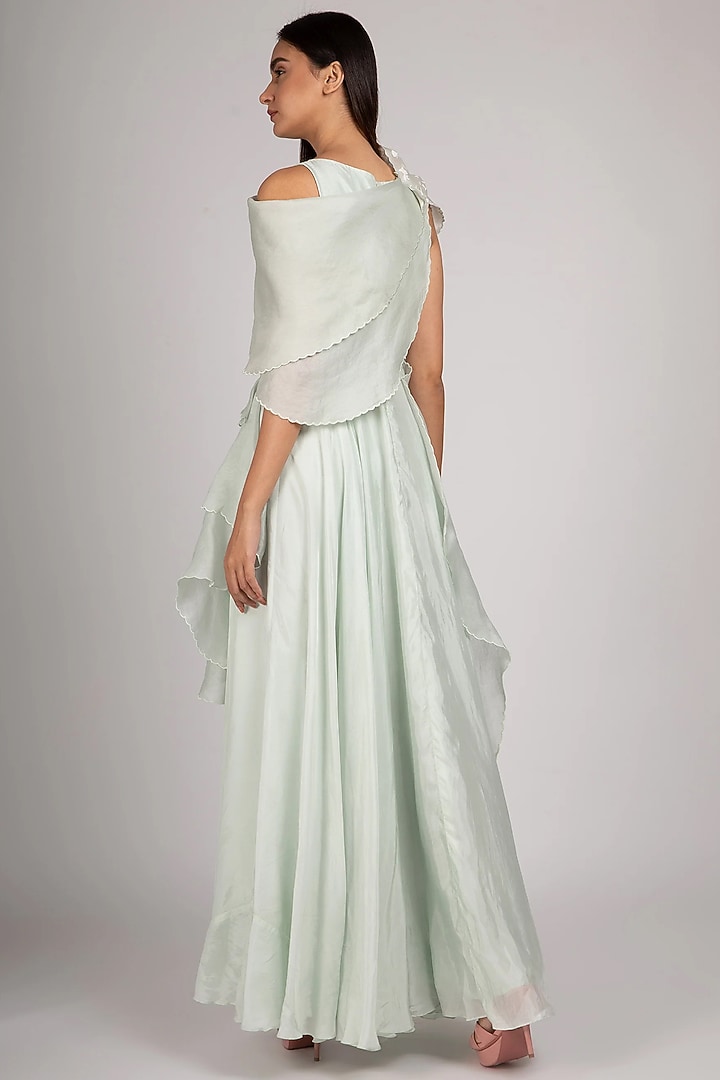 Light Green Modal Satin & Organza Ruffled Party Wear Gown by RICHA KHEMKA at Pernia's Pop Up Shop