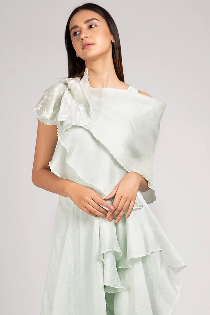 Light Green Modal Satin & Organza Ruffled Party Wear Gown by RICHA KHEMKA at Pernia's Pop Up Shop