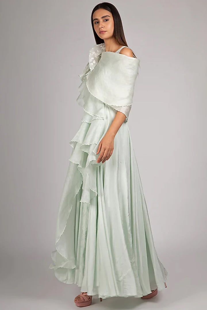 Light Green Modal Satin & Organza Ruffled Party Wear Gown by RICHA KHEMKA at Pernia's Pop Up Shop