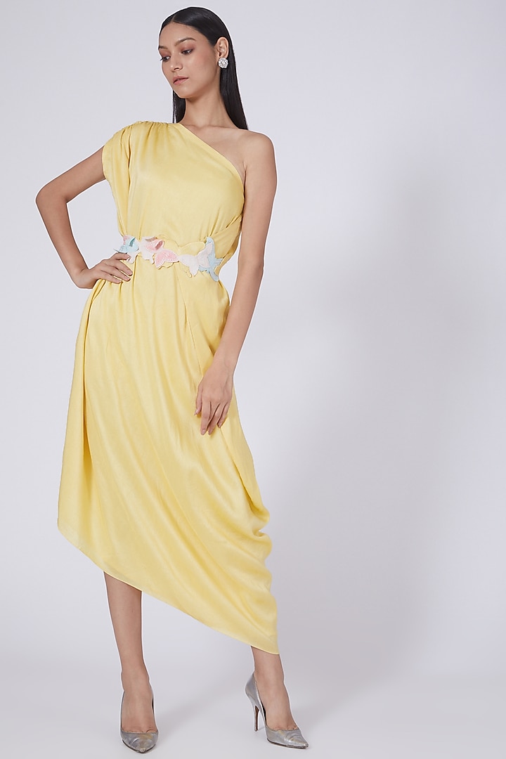 Yellow One Shoulder Draped Dress by Richa Khemka