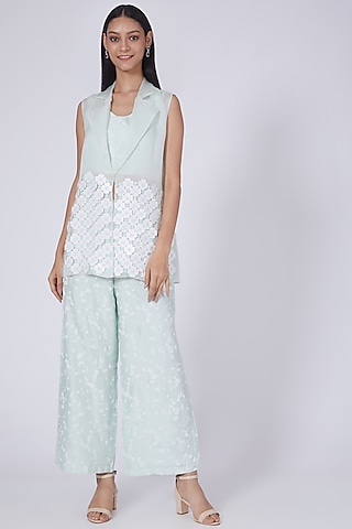 Mint Green Embroidered Blazer Set by Richa Khemka