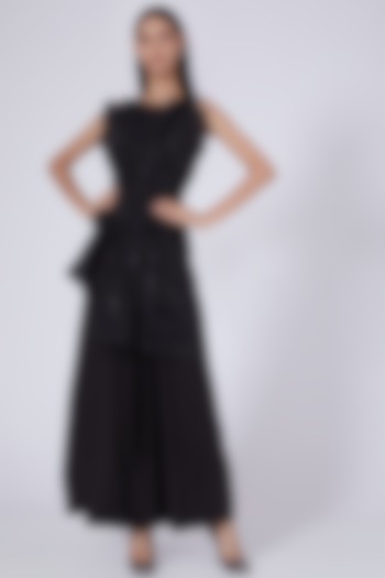 Black Flared Jumpsuit With Belt by Richa Khemka at Pernia's Pop Up Shop