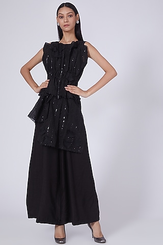Black Flared Jumpsuit With Belt by Richa Khemka