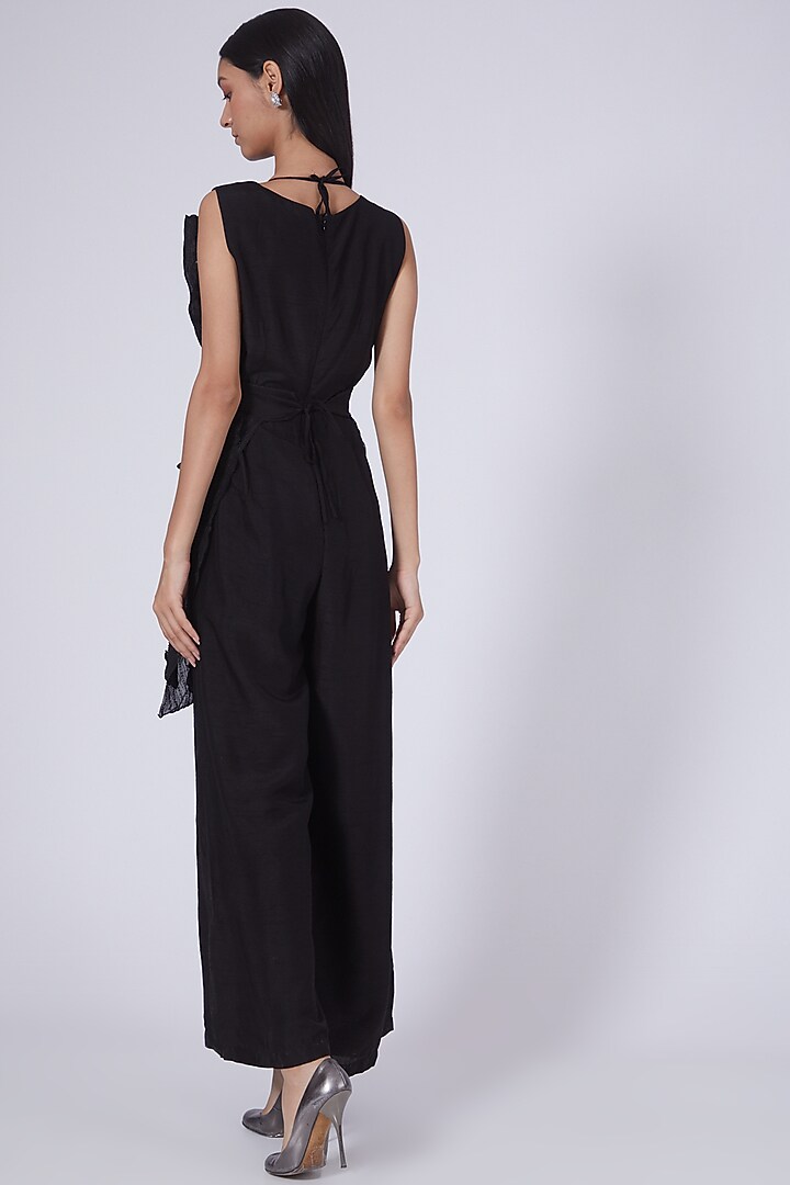 Black Flared Jumpsuit With Belt by Richa Khemka at Pernia's Pop Up Shop