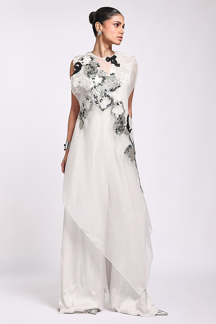 Grey Modal Satin & Organza Applique Jumpsuit by Richa Khemka at Pernia's Pop Up Shop