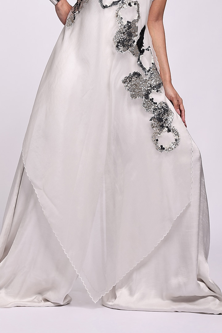 Grey Modal Satin & Organza Applique Jumpsuit by Richa Khemka at Pernia's Pop Up Shop