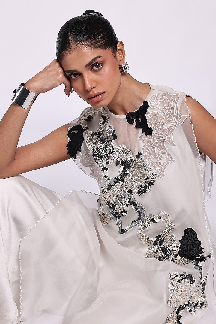 Grey Modal Satin & Organza Applique Jumpsuit by Richa Khemka at Pernia's Pop Up Shop