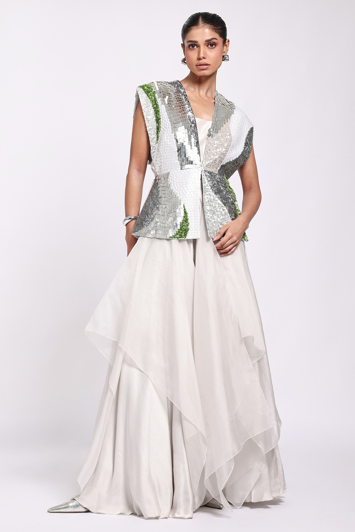 Richa Khemka Grey Organza & Modal Satin Embellished Jacket Set