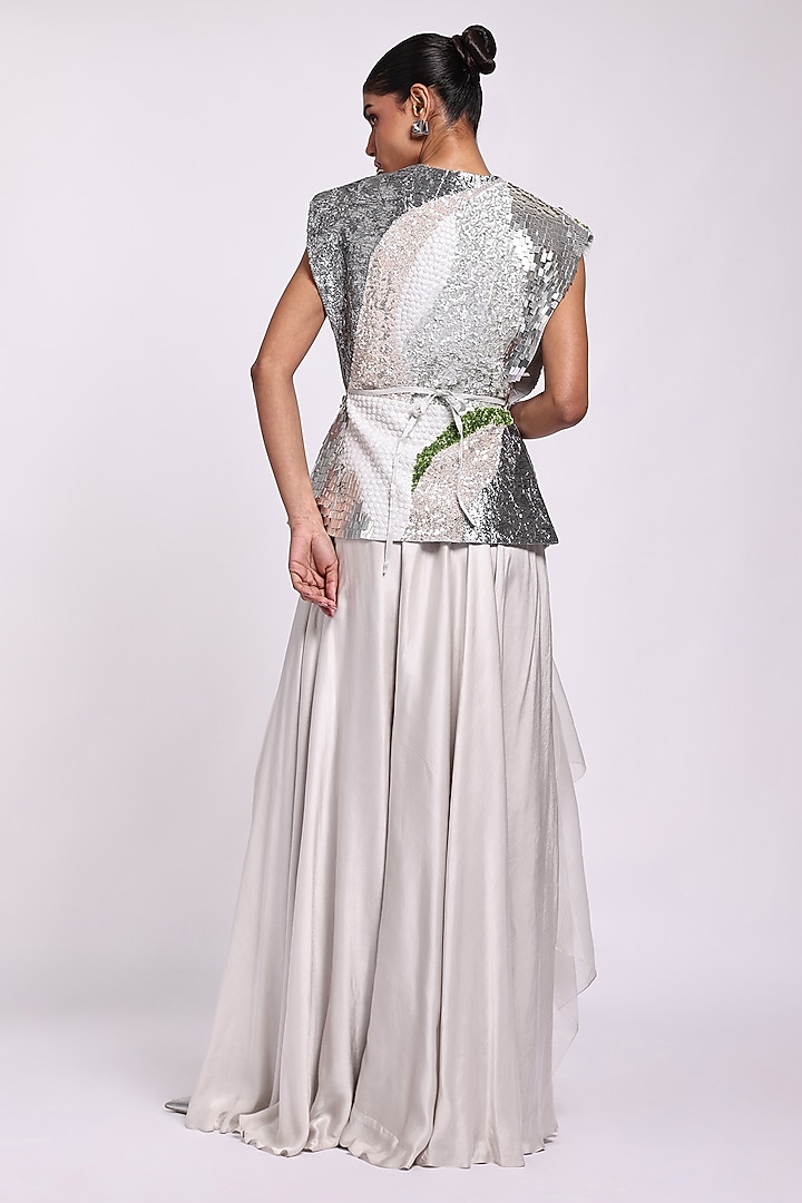 Grey Organza & Modal Satin Embellished Jacket Set by Richa Khemka at Pernia's Pop Up Shop