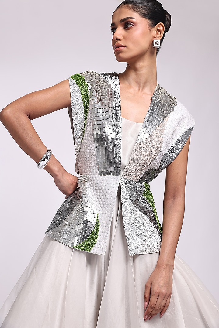 Grey Organza & Modal Satin Embellished Jacket Set by Richa Khemka at Pernia's Pop Up Shop