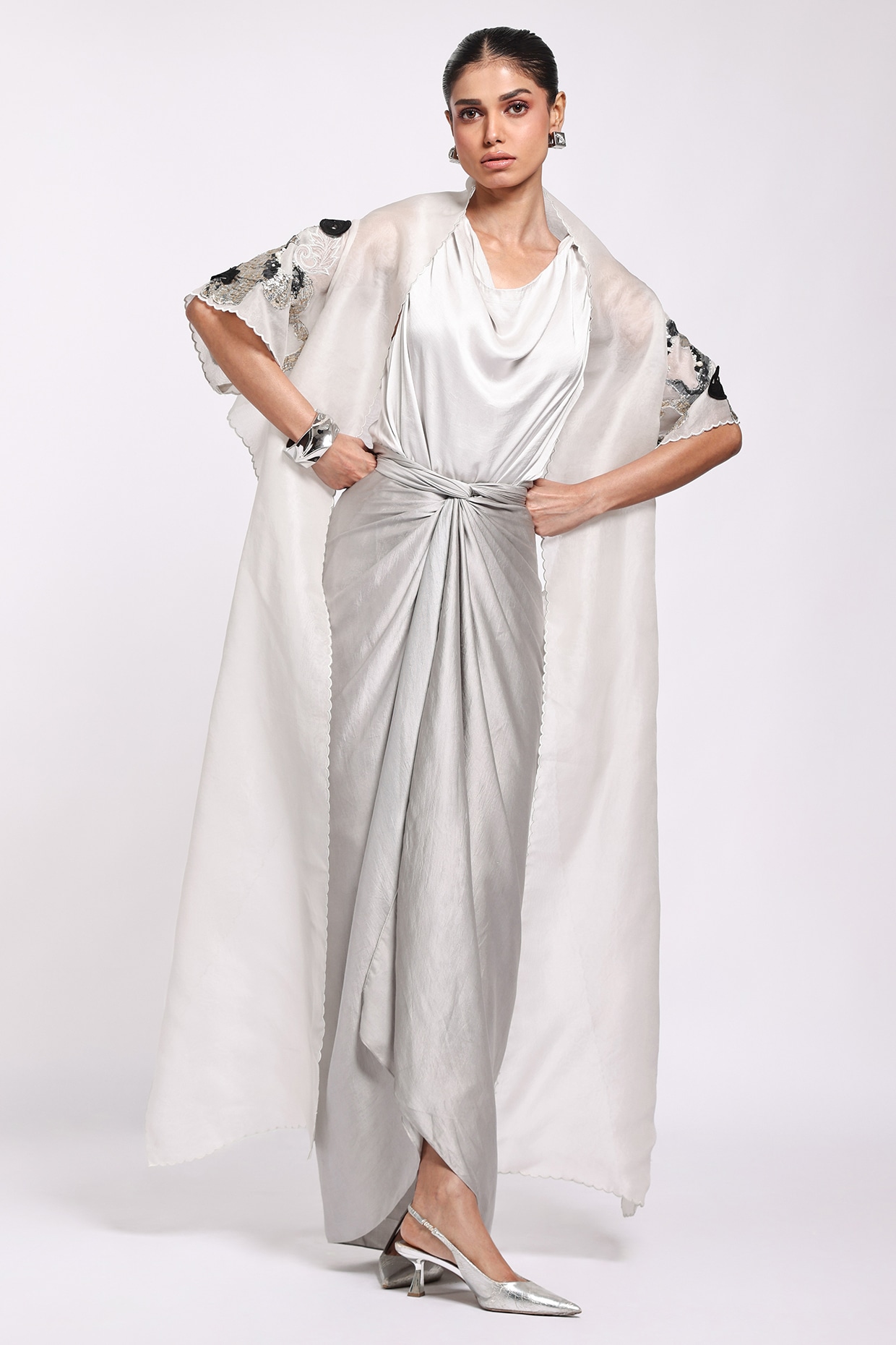 Richa Khemka Grey Organza & Modal Satin Embellished Cape Dress