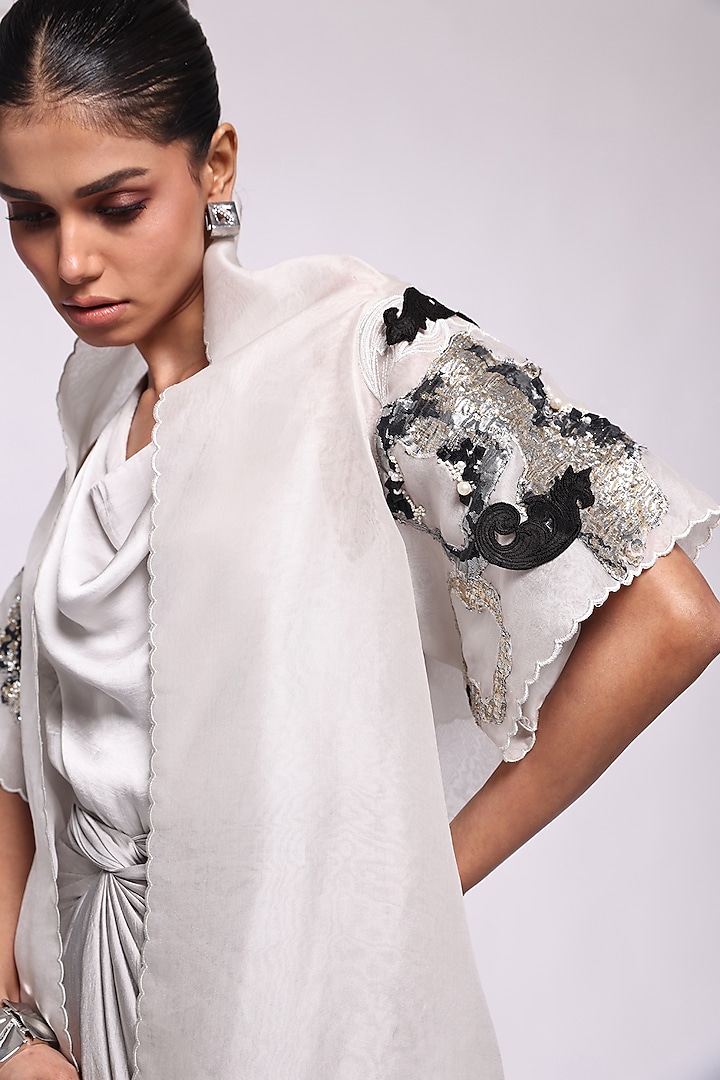 Grey Organza & Modal Satin Embellished Cape Cocktail Dress  by Richa Khemka at Pernia's Pop Up Shop