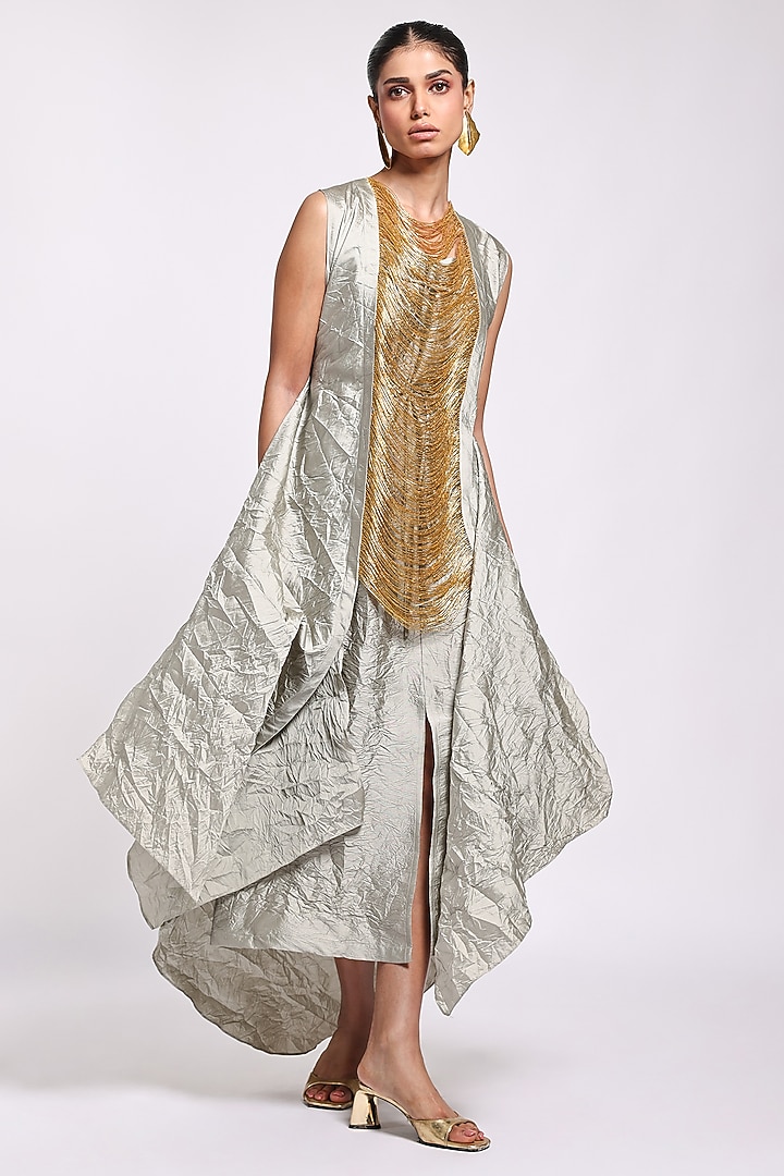 Grey Silk Strappy Vacation Dress With Overlay by Richa Khemka at Pernia's Pop Up Shop