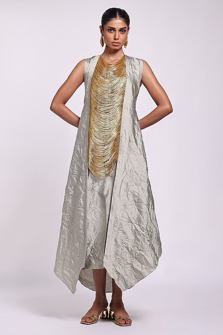 Grey Silk Strappy Vacation Dress With Overlay by Richa Khemka at Pernia's Pop Up Shop