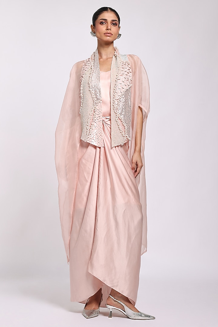 Rose Pink Modal Satin Sarong Cocktail Dress With Kaftan by Richa Khemka at Pernia's Pop Up Shop