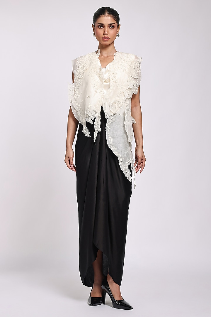 Ivory & Black Modal Satin Sarong Cocktail Dress With Jacket by Richa Khemka at Pernia's Pop Up Shop