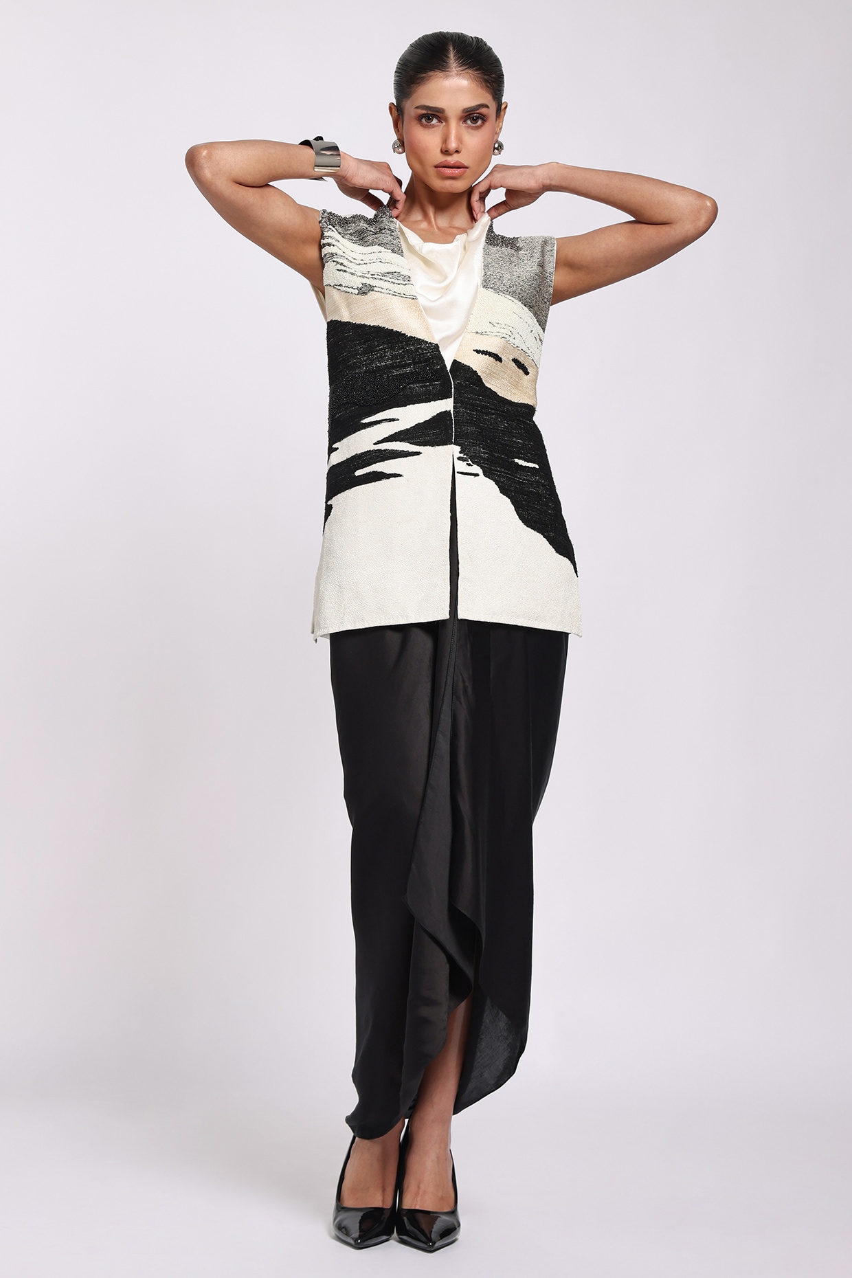 Richa Khemka Ivory & Black Modal Satin Cowl Sarong Dress