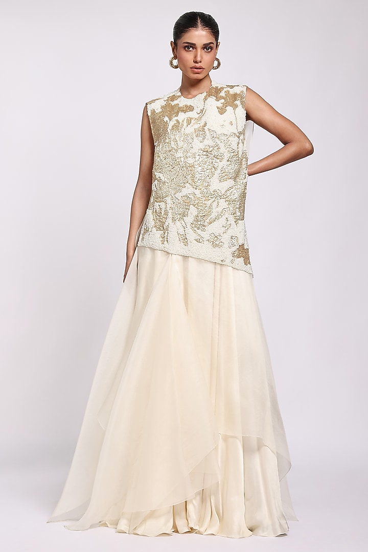 Beige Modal Satin Engagement Gown With Overlay by Richa Khemka at Pernia's Pop Up Shop