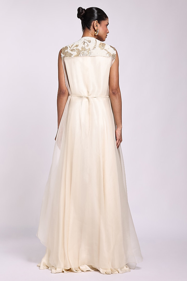 Beige Modal Satin Engagement Gown With Overlay by Richa Khemka at Pernia's Pop Up Shop